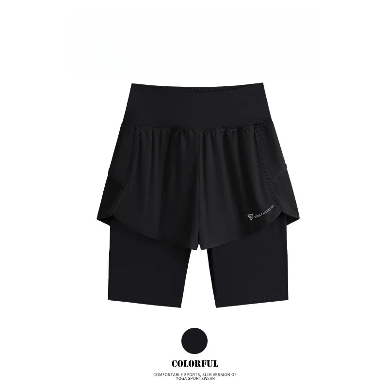 Yoga Shorts Women Summer Fake Two Piece High Waist Loose Gym Shorts With Pocket Ladies Lightweight Fitness Running Clothes