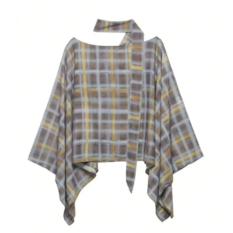 Women Fashion Plaid Print Blouse Vintage Casual Loose Asymmetric Hem Tops With Scarf Summer Thin Female Holiday Beach Outfits