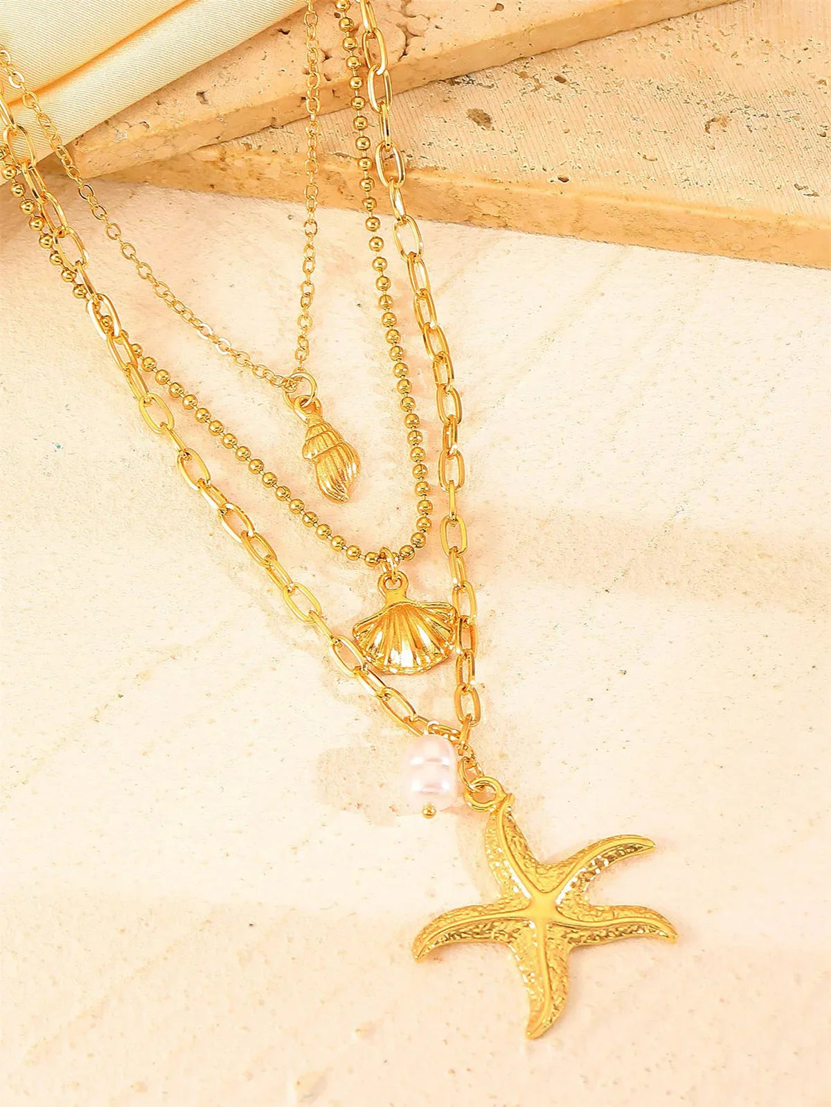 Women's 316L Stainless Steel Starfish Conch Shell Pearl Pendant Necklace 3-in-1 Choker Chain Jewelry Gift