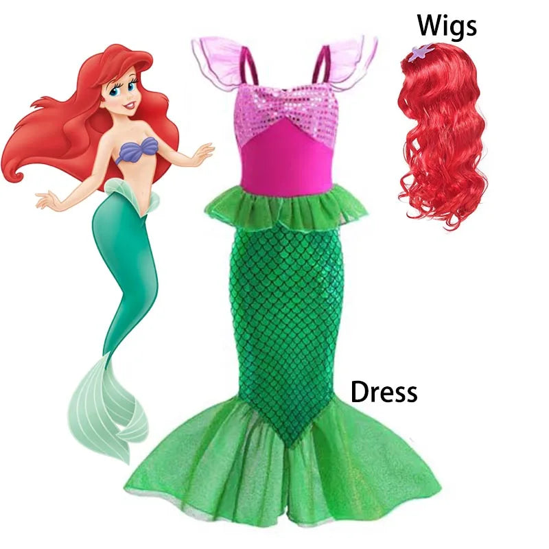 Little Mermaid Ariel Princess Girl Dress Up Charm Costume Kids Birthday Party Disguise Luxury Fishtail Clothes Wigs Sets
