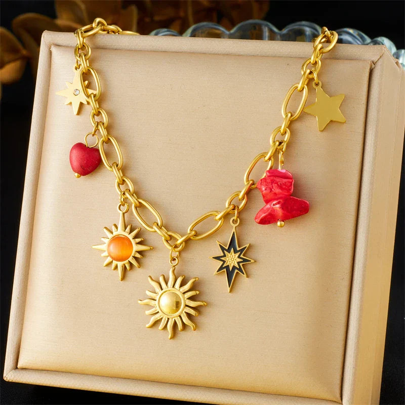 316L Stainless Steel Golden Trendy Starfish Moon Sun Shaped Pendant Necklace For Women Romantic Neck Chain Holiday Gift
