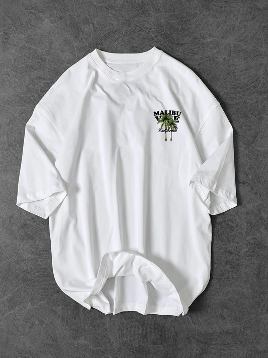 Vibrant Malibu Vibe Tee with Palm Tree and California Lettering Print on White 100% Cotton Men's T-shirt Summer Casual Wear