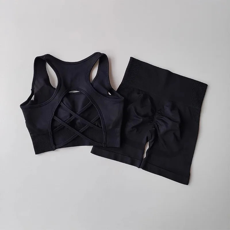 Women's yoga exercise set, paired with cross gathered back and high waisted hip lifting sports shorts