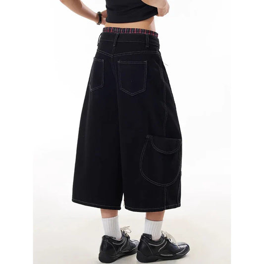 Wide Leg Baggy Cargo Denim Shorts