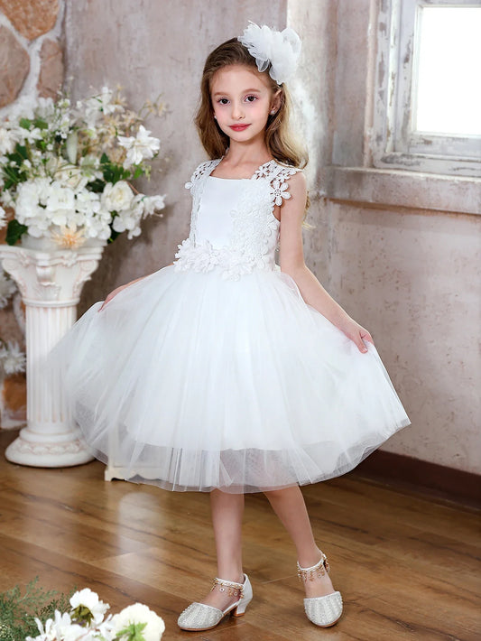 Vestidos Infantis Curtos com Decoração Floral Vestidos de Dama de Honra e Florista Tule Elegante Vestidos de Comunhão