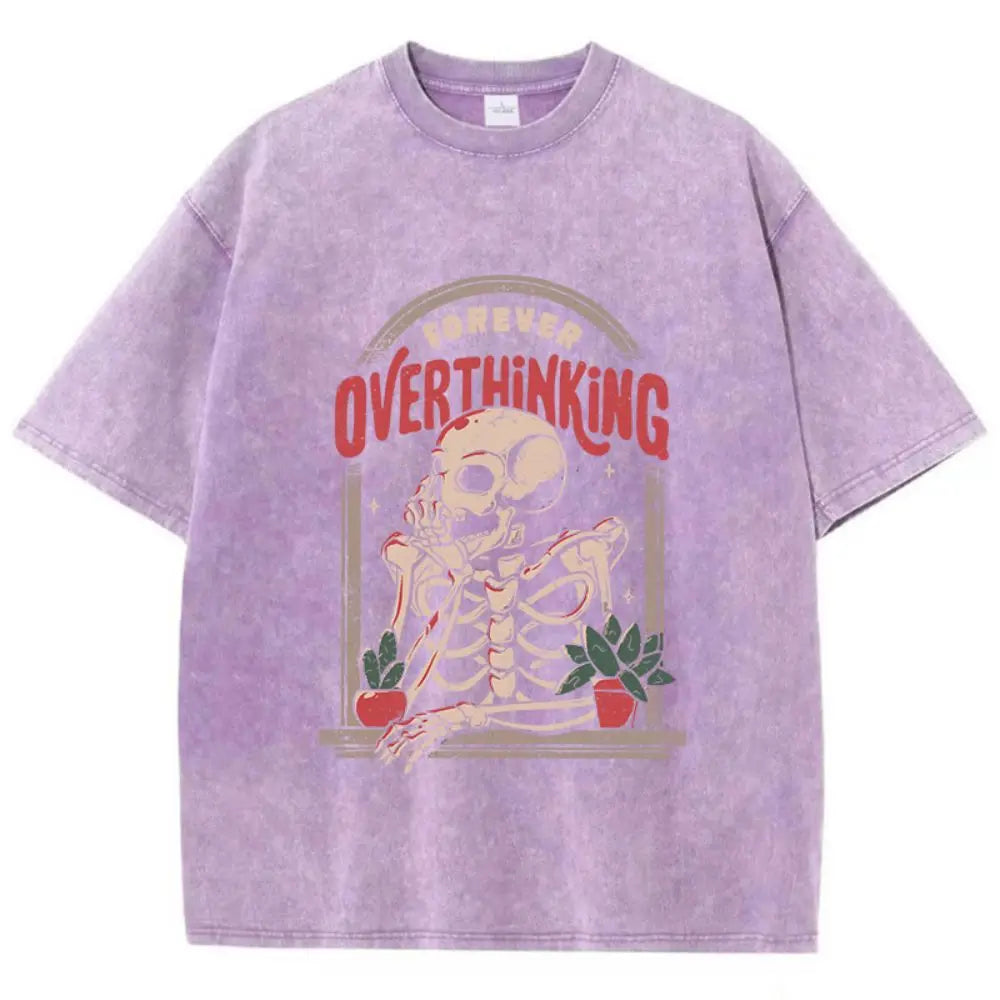 Casual Women'S Cotton Washed T-Shirts Skeleton Man On The Balcony Printing Tops Oversize O-Neck Soft Short Sleeve Female Clothes