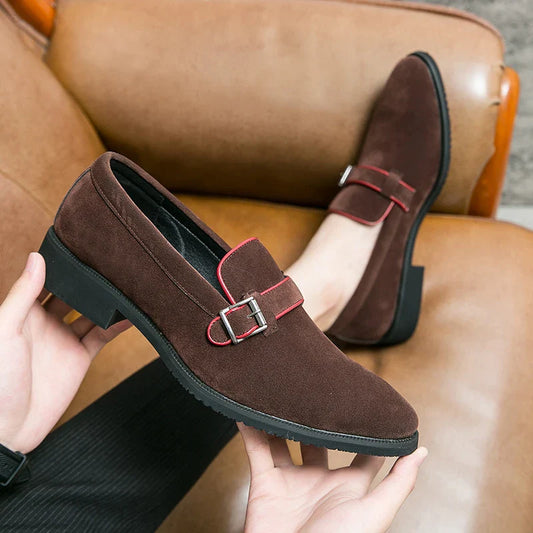 British style simple business dress shoes men's leather frosted flip fur loafers slip-on pointy peas casual shoes