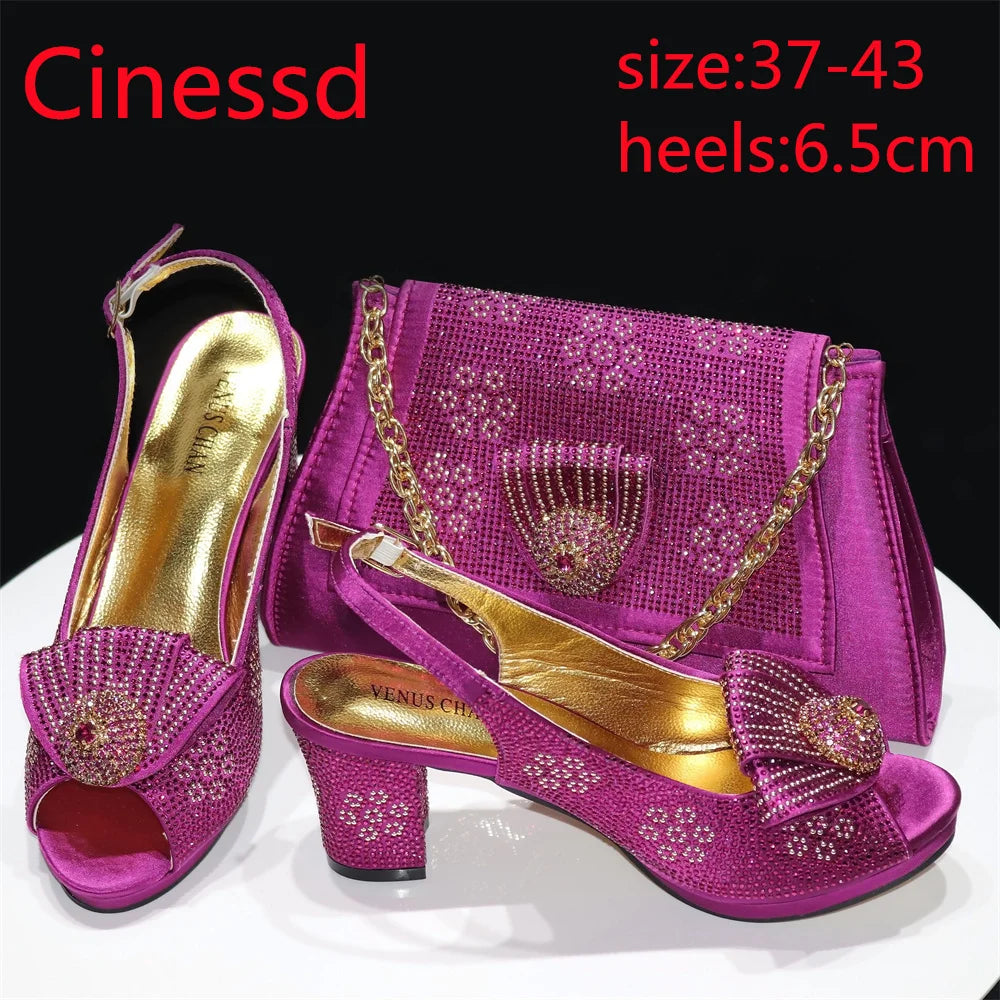 Square Heels with Platform Peach Color Nigeian Women Shoes and Bag Set Full Crystal Pumps for Christmas Dinner