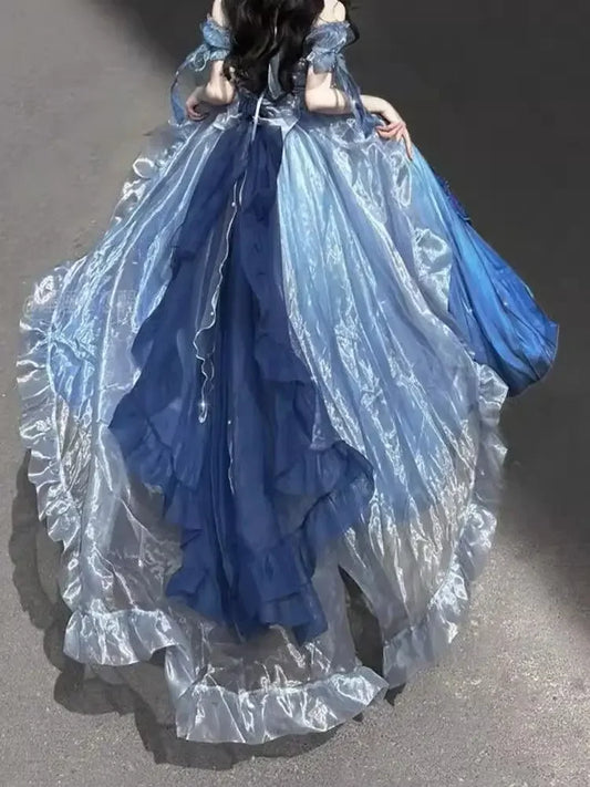 Original Lolita Trailing Puffy Dress Women Short Front Long Back Princess Blue Flower Wedding Dress Elegant Off Shoulder