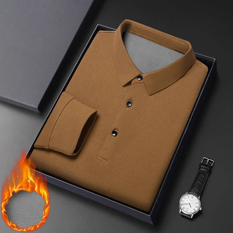 Waffle Fleece Thicken Fashion Polo Shirt Men Winter Warm Plush Business T-Shirt Tops Male Casual Button Lapel Long Sleeve Shirts