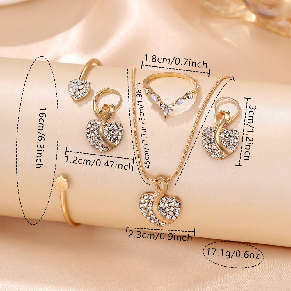 Ladies Watch 6pcs/Set Women's Fashion Heart Necklace Earings Bracelet Rings Jewelry Set Shaped Rhinestone Quartz Watch Set Watch