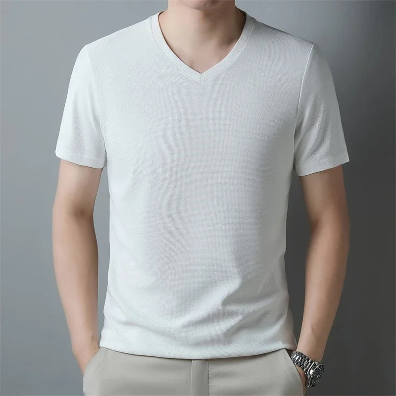 2024 Men's Waffle V Neck Short Sleeve T-Shirt Summer Comfortable Breathable Fashion Top in Solid Colors