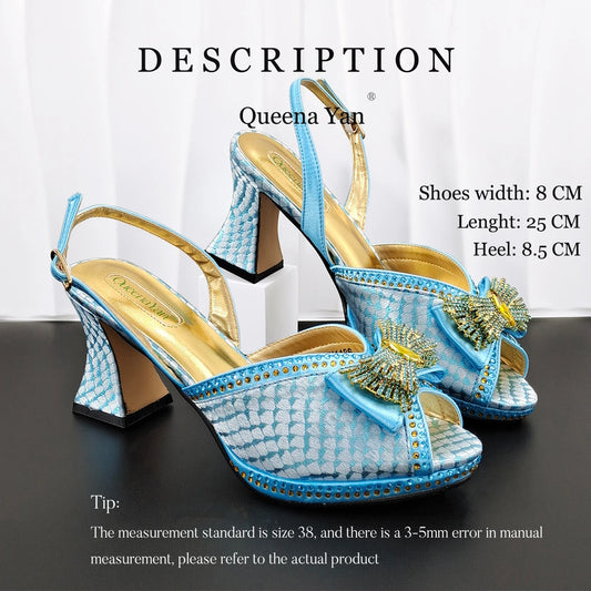 Sky Blue Color Party Peep Toe High Heels and Handbag Set With Striped and Rhinestone Decoration Design