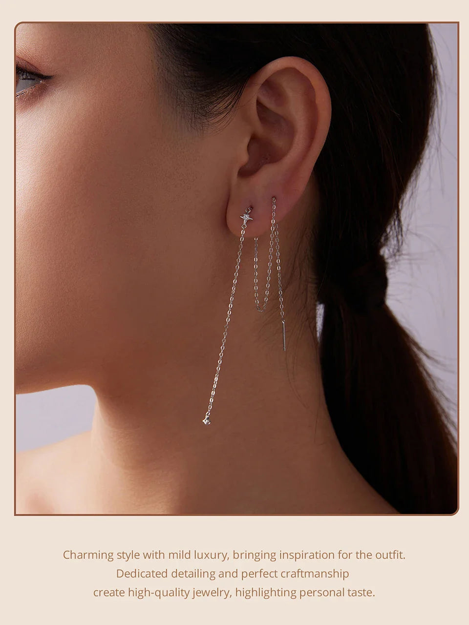 Moissanite Long Chain Drop Dangle Earrings, 925 Sterling Silver Star Tassel Threader Double Piercings Convertible Earring