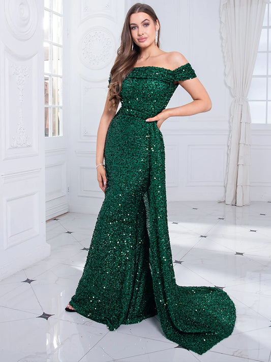 Navy Blue Slash Neck Off Shoulder Prom Gown Sequin Detachable Train Mermaid Evening Party Dresses Cocktail Dress 2025