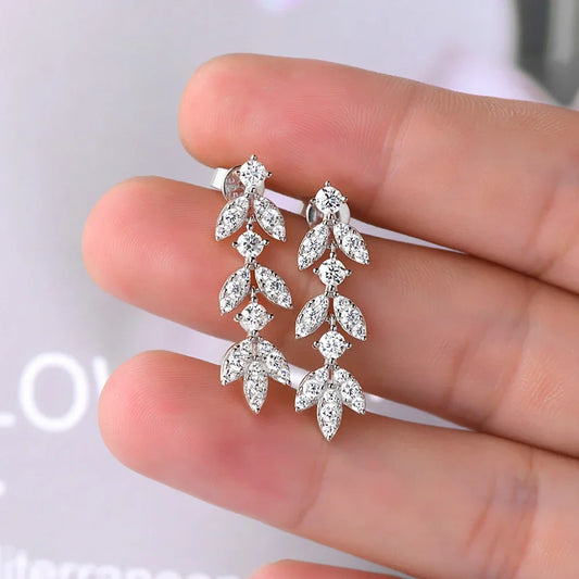 0.6cttw Long Tassel Moissanite Diamond Drop Earrings for Women 925 Sterling Silver Plated Gold Luxury Leaf Earrings Fine Jewelry