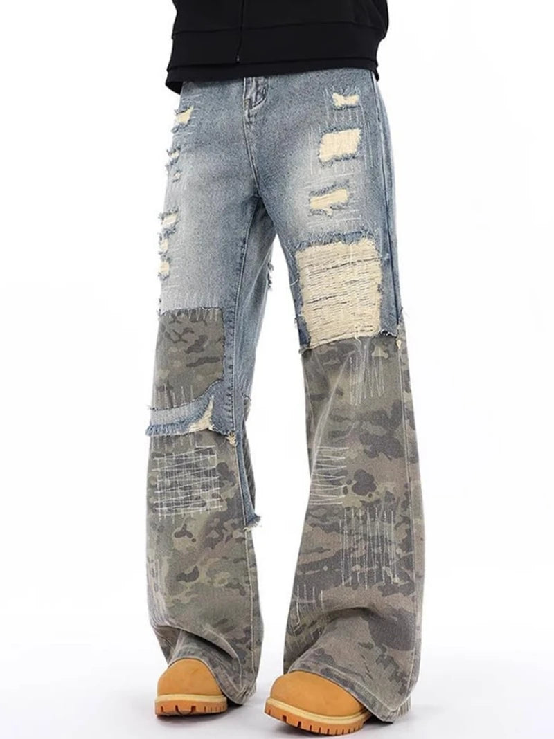 Men's Ripped Slim Fit Straight Leg Jeans Patchwork Camouflage Denim Pants