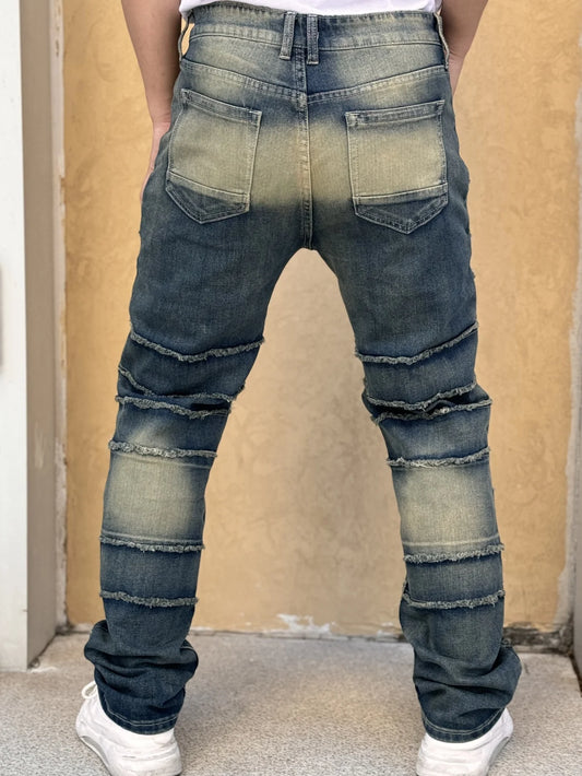 Trendy Men's Jeans With Unique Design Classic Washed Out Effect Frayed Edges And Patched Fabric Leading The Fashion Trend.