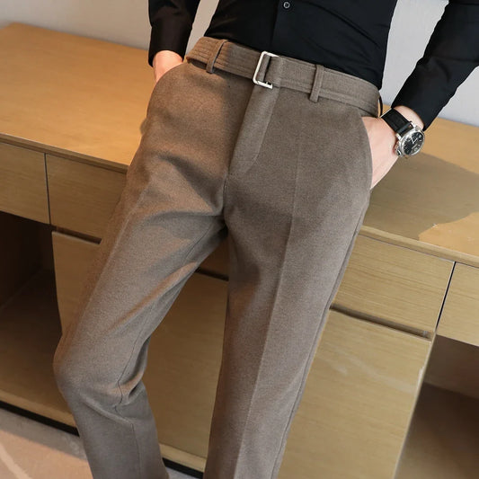 Autumn Winter Men's Slim Fit Suit Pants With Belt Solid Color Smart Casual Youthful Vitality Suit Trousers Men Korean Style Pant