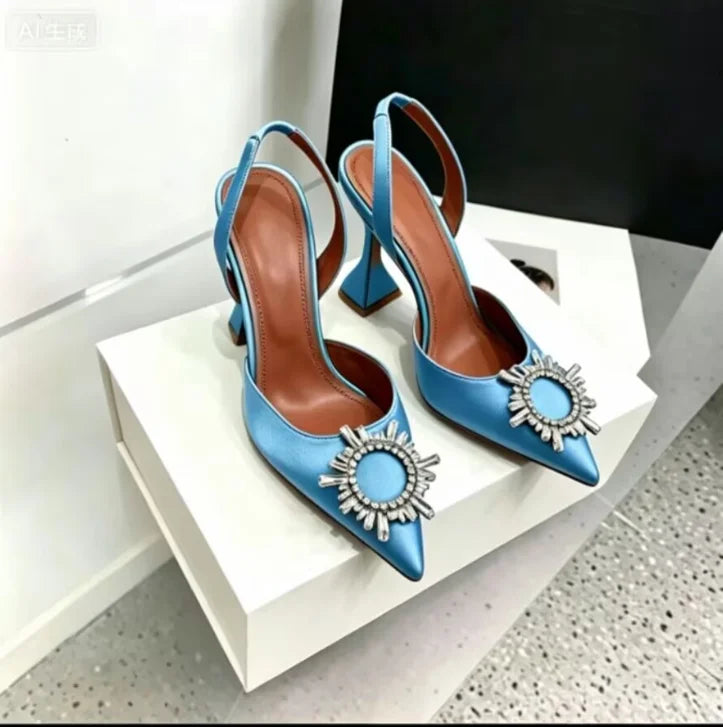Women's Sandals 2026 New Sun Button Water Diamond Pointed High Heels Fashionable Banquet Wine Glass and Baotou Sandals