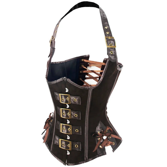 Brown Suede Corset Top with PU Leather Gothic Steampunk Bustier Lace Up Slim Waist Shapewear Women Halloween Cosplay Costume