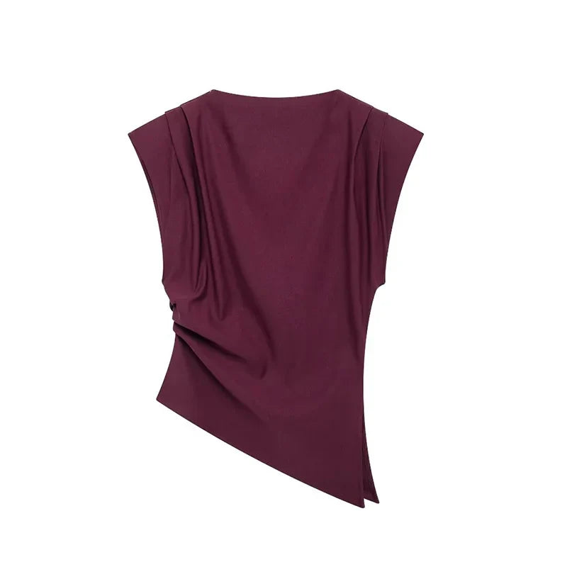 Women Fashion With Pad Solid Pleated Back Zipper Tank Tops Vintage O-Neck Sleeveless Female Chic Lady Tops