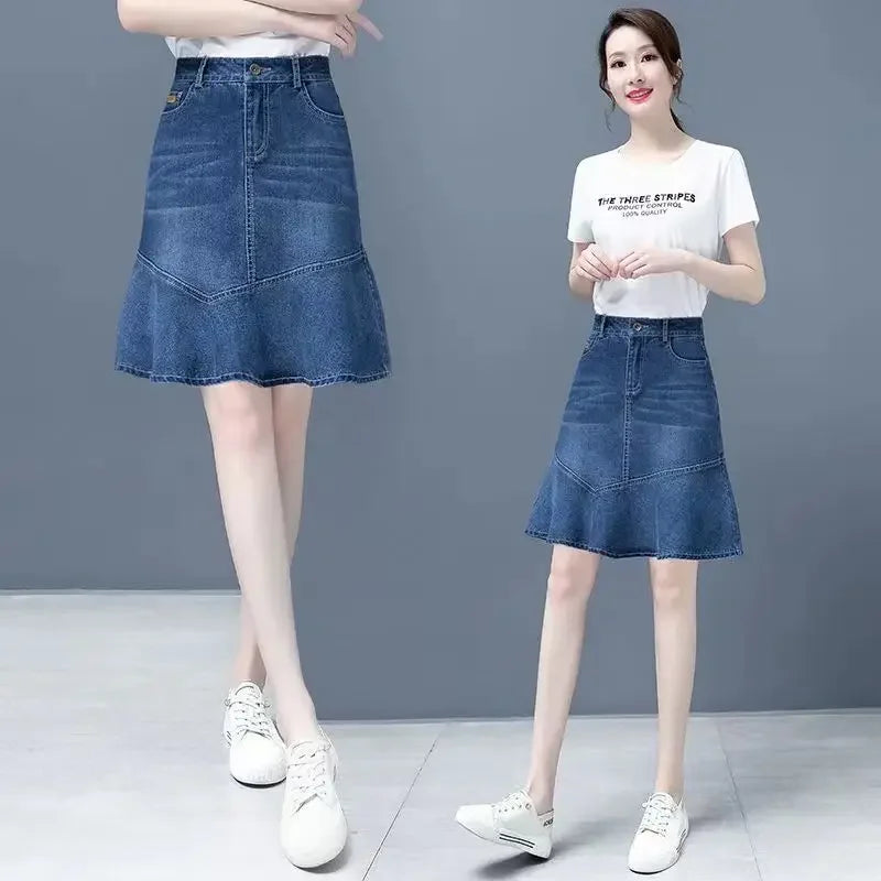 Chubby High Waist Female Jeans Skirts Blue Women's Denim Skirt with Pocket Midi To Knees Length 2025 Trend New in Y2k Vintage V