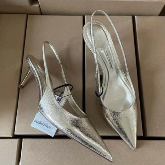 Slip on Women High Heels Office and Career Shoes Sexy Pointed Toe Concise Design Shiny Gold Evening Party Dress Slingback Pumps