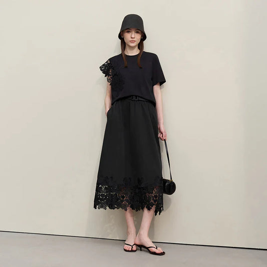 Women's Skirt 2026 Summer New Elastic Waist Cutout Lace Hem Midi Casual Loose Fit Floral Trim Skirt For Women 12622106