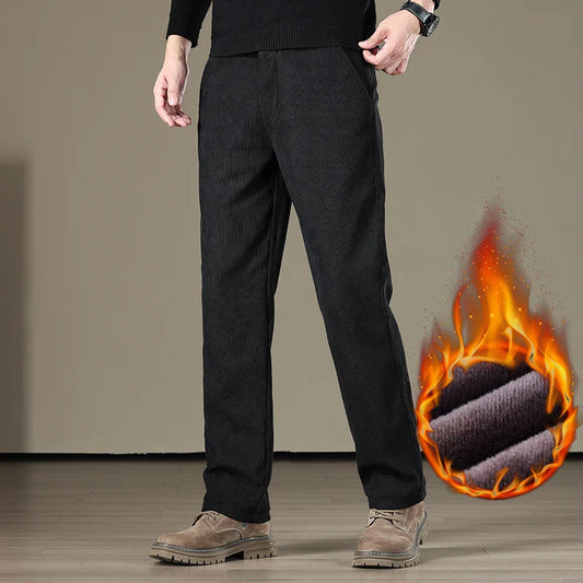 Winter Men Business Fleece Thick Casual Pants Straight Velvet Corduroy Warm Cold Resistant Bottoms Elastic Waist Trousers