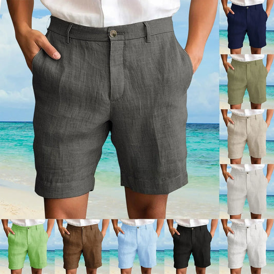 2025 Summer Cotton Linen Shorts for Men Solid Casual Button Pocket Beach Shorts Men's Comfortable Simple Vacation Leiture Pants