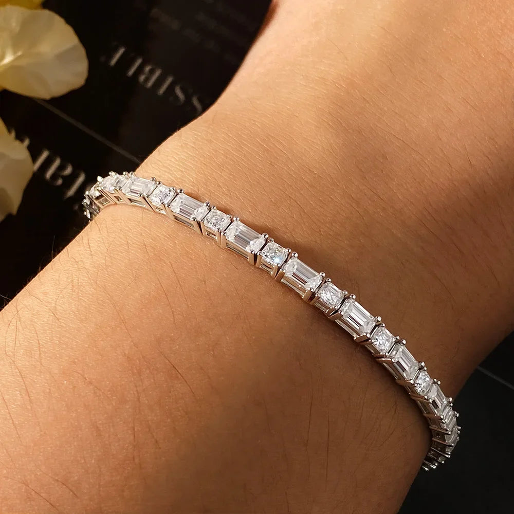 KNOBSPIN Emerald/Ascher Cut Moissanite Tennis Bracelet s925 Sterling Silver Plated White Gold with GRA Bracelets for Women Man