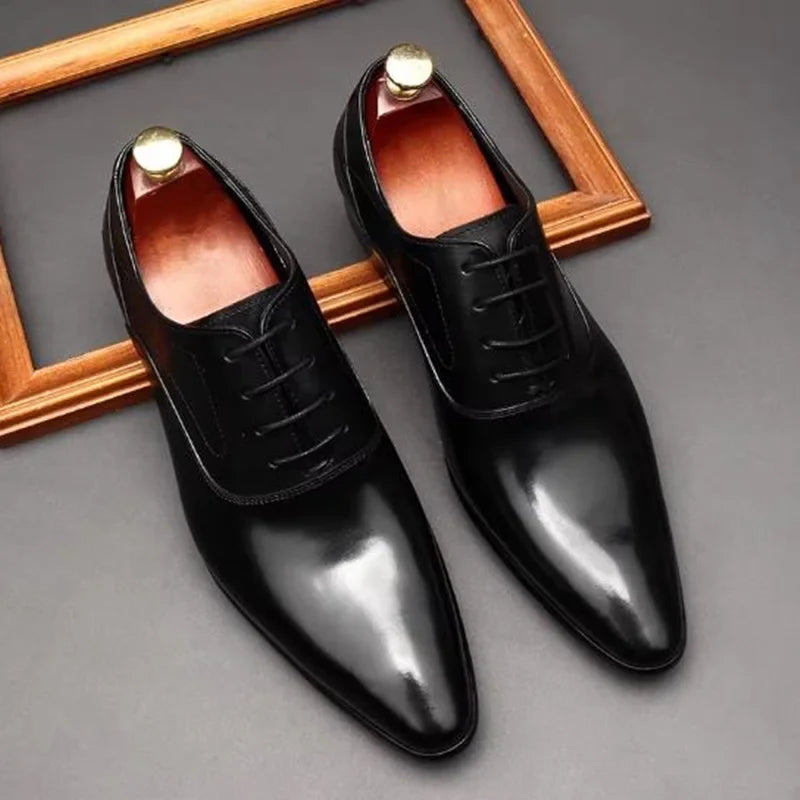 First-layer Cowhide Pointed Leather Shoes For Men British Style Genuine Cow Leather Brownish Yellow Oxford Formal Shoes