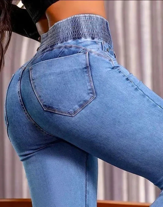 autumn winter Elegant High Waist Button Front Casual Female Jeans Sexy Fashion Back Shirred Trouser Bottom