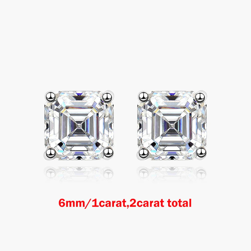1/2/3CT Asscher Cut Moissanite Stud Earrings with Certificate Square Solitaire Lab Diamond Earring for Women 925 Silver Jewelry