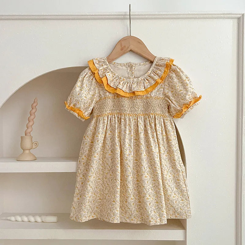 1-6Yrs Casual Summer Kids Girls Dress Floral Kids Clothes Ruffled Collar Purple Baby Girl Princess Dress New Flower Girl Dresses