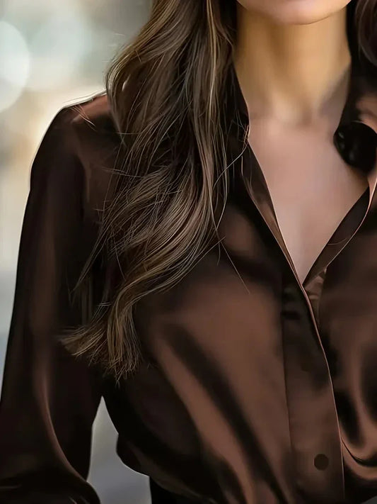 Elegant Black Satin Long Sleeve Blouse for Women Button-Up Collar Shirt Perfect for Casual or Professional Wear