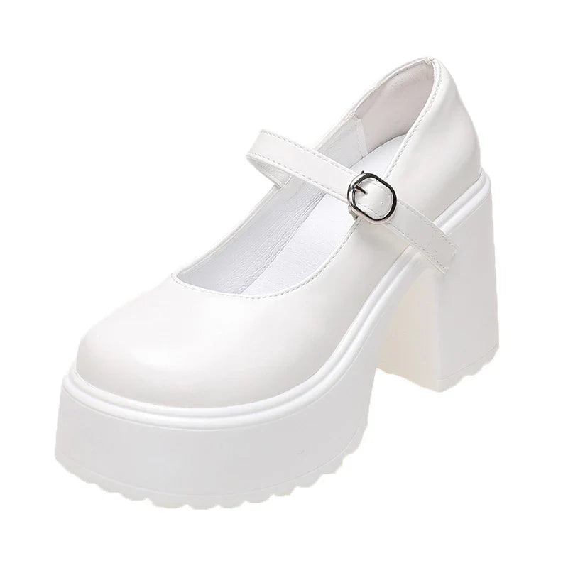 Chunky Platform High Heels Pumps Women 2023 Autumn Pu Leather Ankle Buckle Mary Jane Shoes Woman Thick Heeled White Lolita Shoes