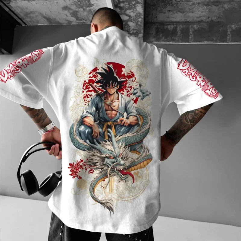 Camiseta Masculina Dragon Ball Goku Anime Japonês Hot Blood Retrato Clássico Algodão Moda Rua Unissex Harajuku Y2K