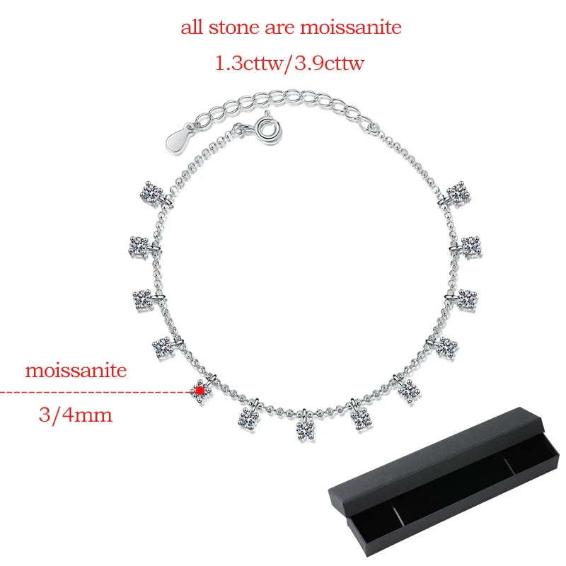1.3/3.9cttw D Color Moissanite Tassel Bracelet for Women Full Diamond Tennis Bracelet 100% S925 Sterling Silver Chain GRA