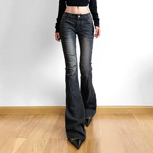 Folds y2k Flare Jeans Vintage Low Rise Denim Trousers Aesthetic Streetwear Distressed Mom Jeans Women Casual Skinny Pants