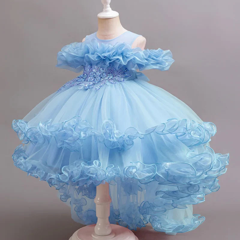 Purple Flower Bridesmaid Princess Dress For Girls Children Costumes Trailing Party Dresses Girls Dress Beaded Wedding Gown