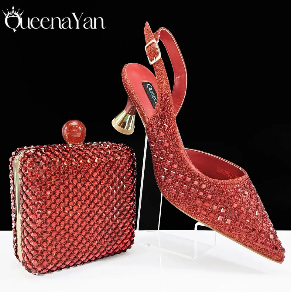Italian Design Rhinestone Luxury Green Colour Pointed Toe Shoe & Bag Set Women's High Heels for Parties High Quality