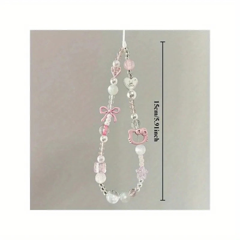 Cute Sanrio Hello Kitty Cat Pink Phone Chain Beaded Chain Keychain Jewelry Camera Hanging Rope Cartoon Kitty Phone Strap Gift