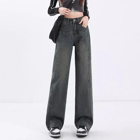 Calça Jeans de Cintura Alta e Perna Larga