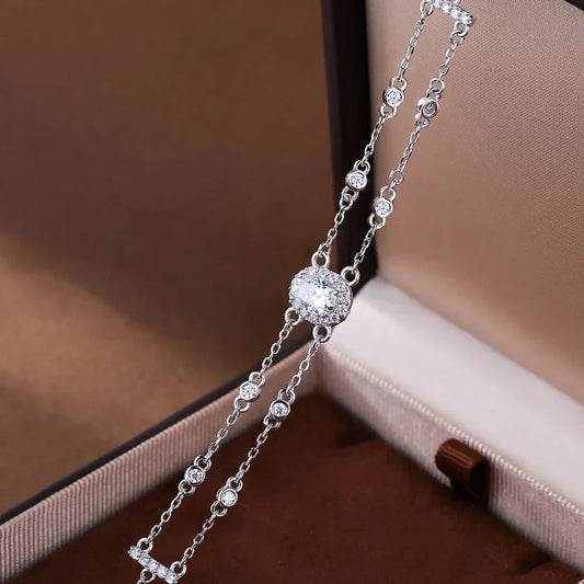 1carat Oval Cut Full Moissanite Diamond Charm Bracelet with Round Bubble S925 Silver Wrist Chain for Women Luxury Jewelry Gift