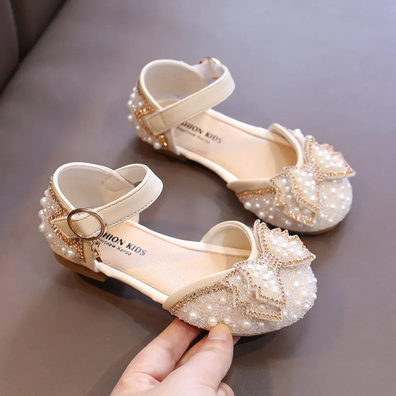 Cute Rhinestone Decorated Girls Shoes, Sweet Princess Style Flats for Wedding & Party, Soft Leather Children’s Dress Sandals