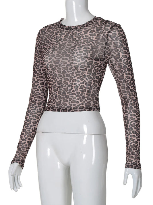 Sexy Long Sleeves Tops Mesh T Shirt Leopard Printed Bodycon Women Clothes Lady Party Club Streetwear Casual Nightout Y2K
