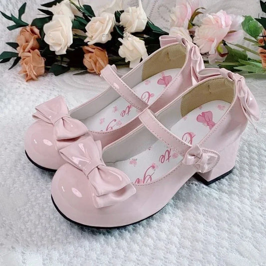 2024 Style Cute Round Head Jane Pumps With Bow Women's Sweet Party Dress Midi Heels Shoes Fashion PU Sandals