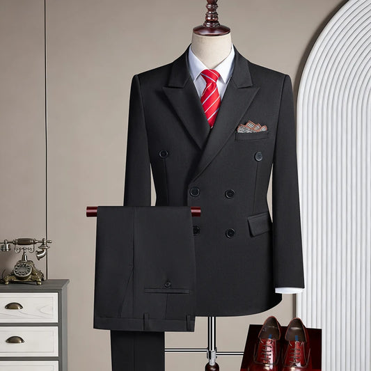 Double-breasted three-piece casual suit for men for parties and weddings, light and mature solid-colored Korean-style outfit